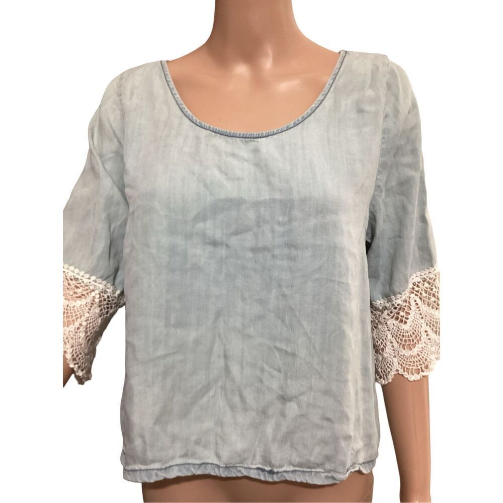 Vintage Wild Blue Chambray & Lace Crop Top L
